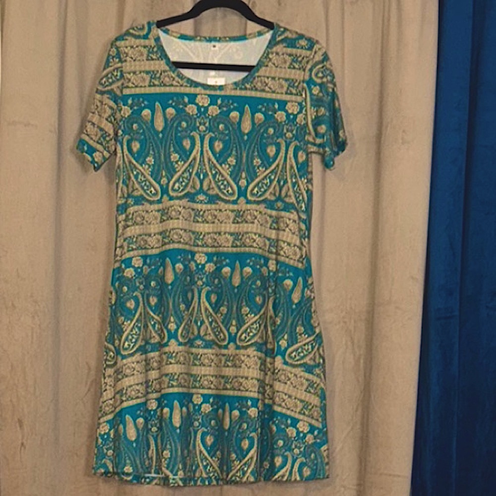 Women's Teal & Tan Midi Dress with Intricate Design and Pockets Sz M Medium